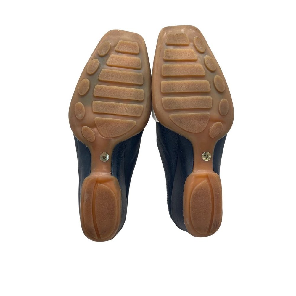 Vtg.1960s PLR Bottier Mod Buckle Slide Color Block Navy Tan Leather Sz.38 - Picture 5 of 6